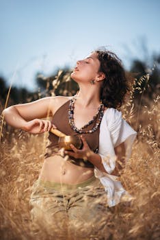Woman meditates with singing bowl in a serene golden field under bright daylight.
