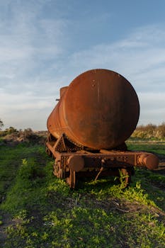 A rusty, abandoned freight train carriage sits in a lush field in Chapadmalal, Argentina under a clear sky.