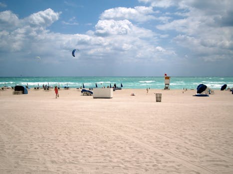 A vibrant beach scene in Miami Beach, Florida, showcasing kite surfers and beachgoers under a bright sky.