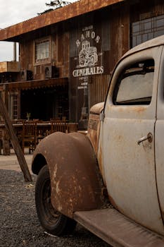 Close-up of a rusty vintage car parked beside an old building in Buenos Aires, Argentina.